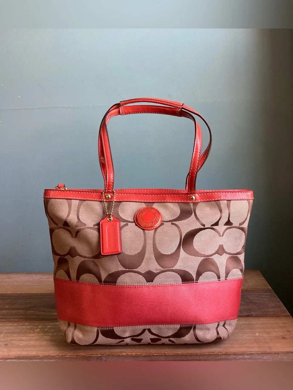 Y2K Coach Signature Stripe Canvas Leather Tote Bag F19046